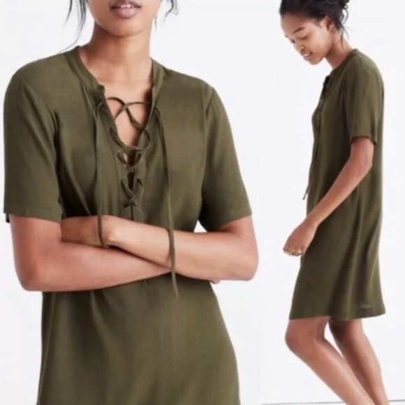 EUC Madewell Novella Lace-Up Olive Green Dress Size Medium - Picture 2 of 8